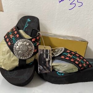 Black and Orange Women's Sandals with Floral Embellishment